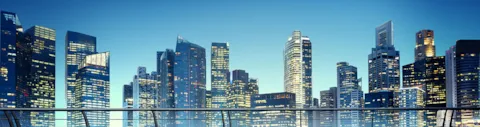 Buildings in night skyline